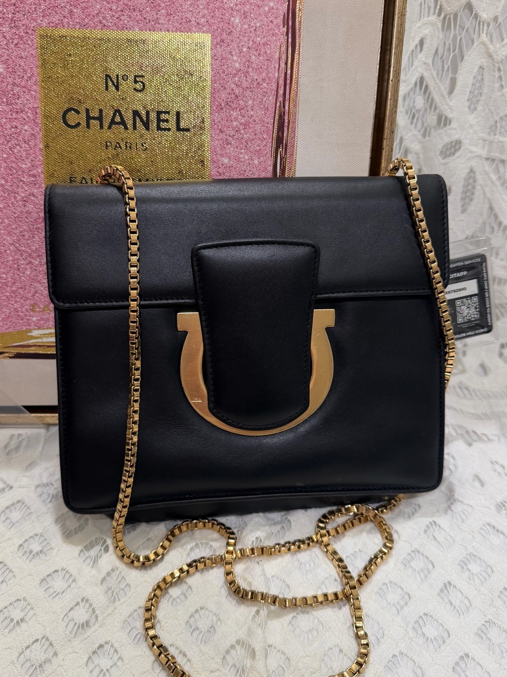 Salvador Ferragamo, gold, plated, rare leather chain, Crossbody /clutch/purse